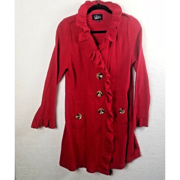 Luii Anthropologie sz L red wool ruffle button up Autumn Jacket pockets ruffles - Picture 1 of 16